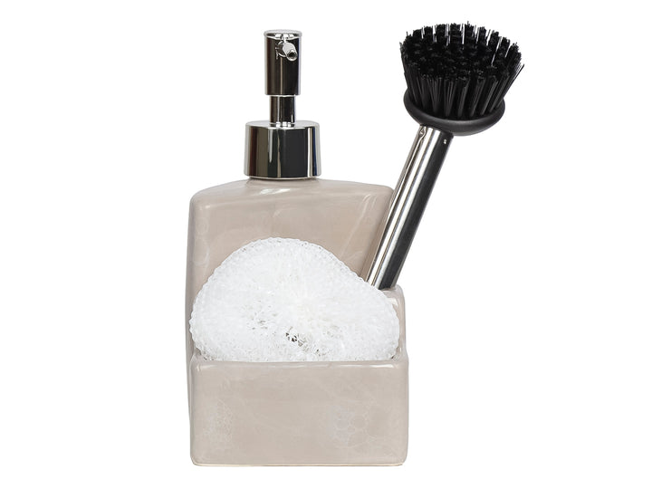 Dispensador de jabón con porta esponja en cerámica beige efecto mármol, incluye cepillo negro y fibra blanca.