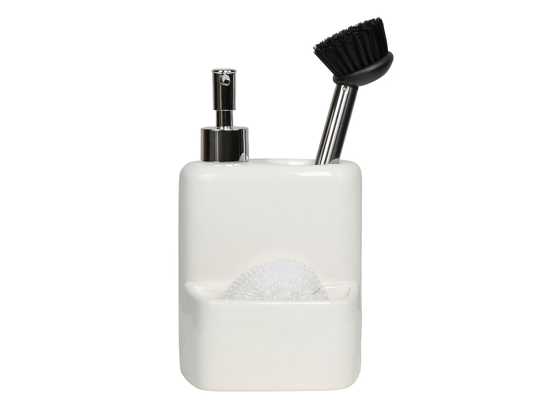 Dispensador de jabón blanco de cerámica con porta esponja, incluye cepillo y fibra.