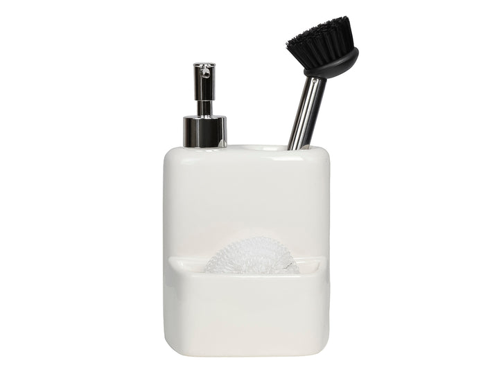 Dispensador de jabón blanco de cerámica con porta esponja, incluye cepillo y fibra.