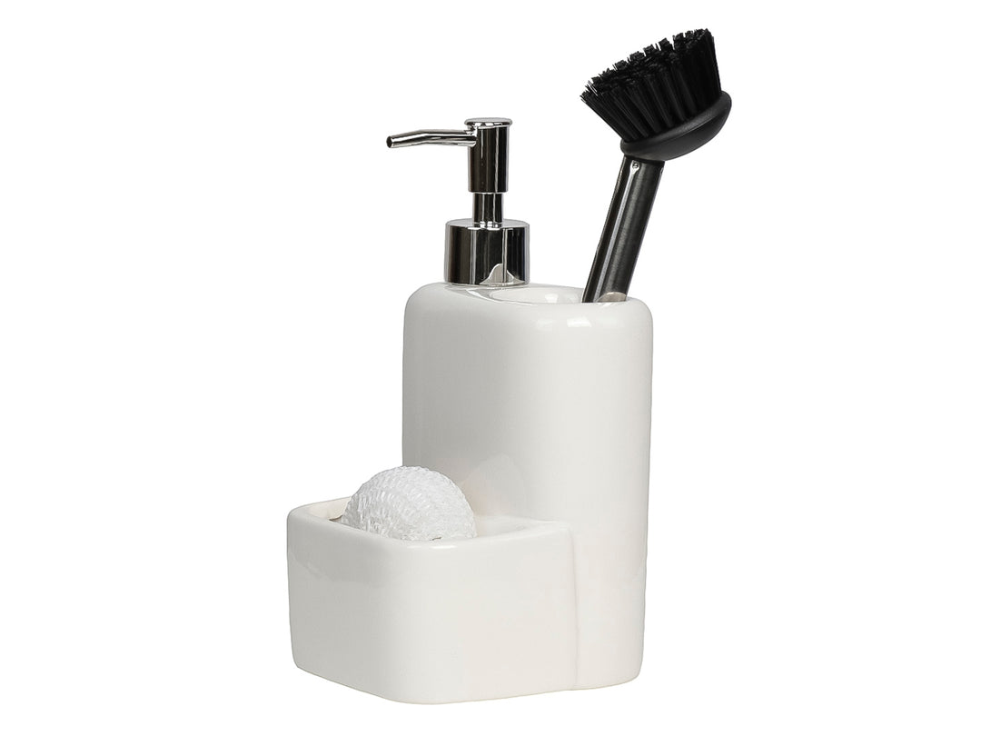 Dispensador de jabón blanco de cerámica con porta esponja, incluye cepillo y fibra.