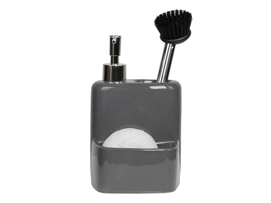 Dispensador de jabón negro con porta esponja, incluye cepillo y fibra blanca sobre fondo blanco.