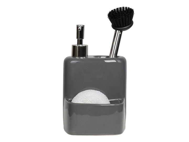 Dispensador de jabón negro con porta esponja, incluye cepillo y fibra blanca sobre fondo blanco.
