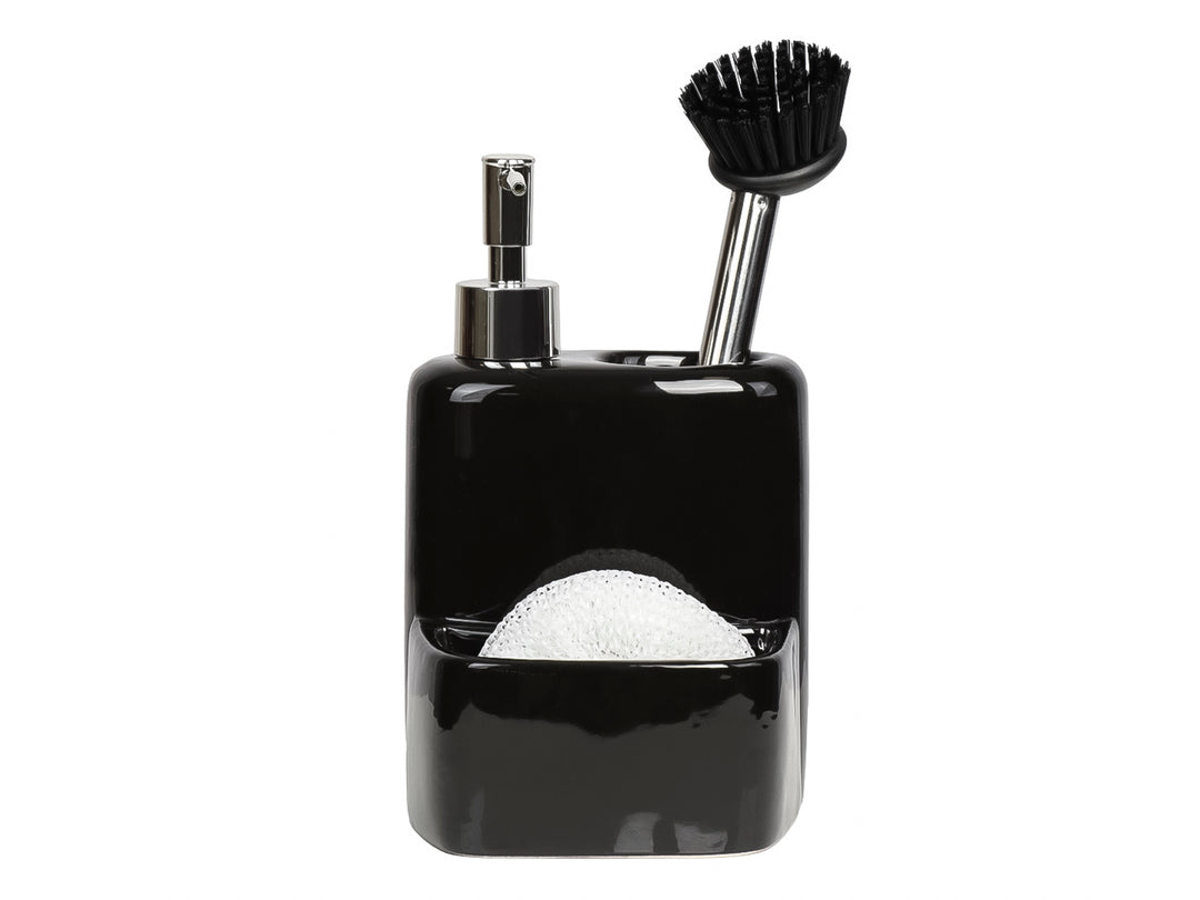 Set de dispensador de jabón en cerámica gris con porta esponja, cepillo y fibra blanca.