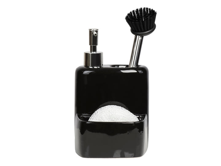 Set de dispensador de jabón en cerámica gris con porta esponja, cepillo y fibra blanca.