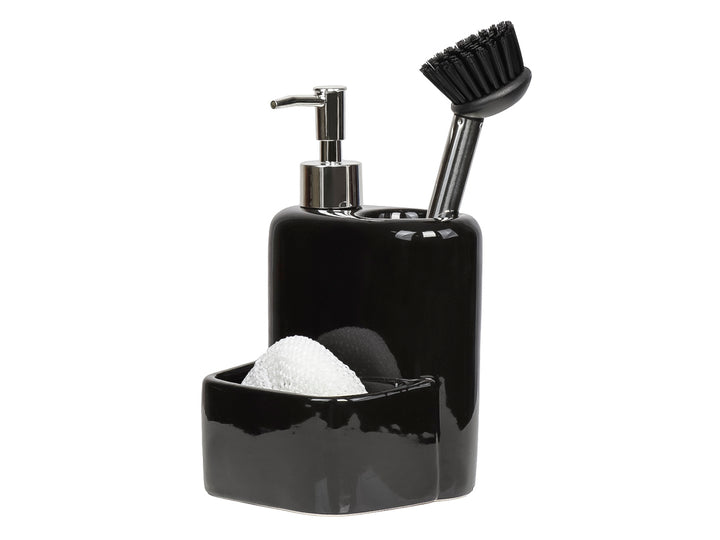 Set de dispensador de jabón en cerámica gris con porta esponja, cepillo y fibra blanca.