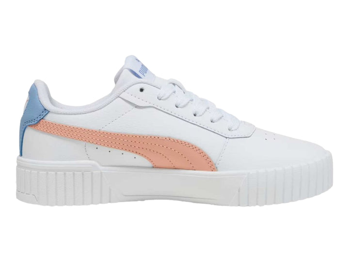 Tenis PUMA Carina 2.0 JR en color blanco con franja rosa y detalles en azul claro, suela de plataforma blanca.