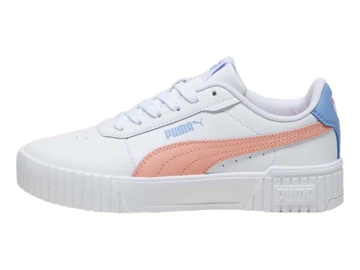 Tenis PUMA Carina 2.0 JR en color blanco con franja rosa y detalles en azul claro, suela de plataforma blanca.