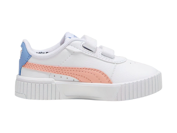 Tenis PUMA blancos para niña con detalles en rosa y azul y cierre de velcro.