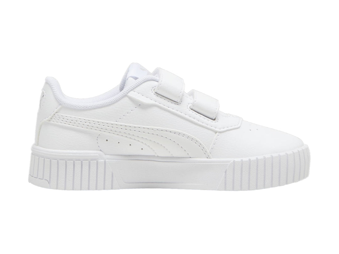 Tenis PUMA blancos para niños con cierre de velcro y suela de plataforma.