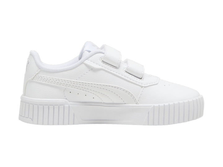 Tenis PUMA blancos para niños con cierre de velcro y suela de plataforma.