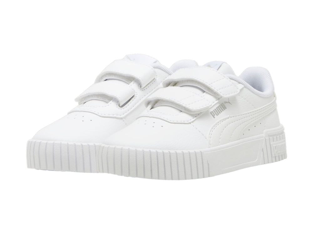 Tenis PUMA blancos para niños con cierre de velcro y suela de plataforma.