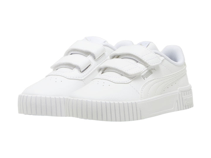 Tenis PUMA blancos para niños con cierre de velcro y suela de plataforma.