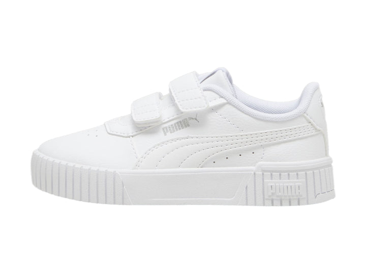 Tenis PUMA blancos para niños con cierre de velcro y suela de plataforma.
