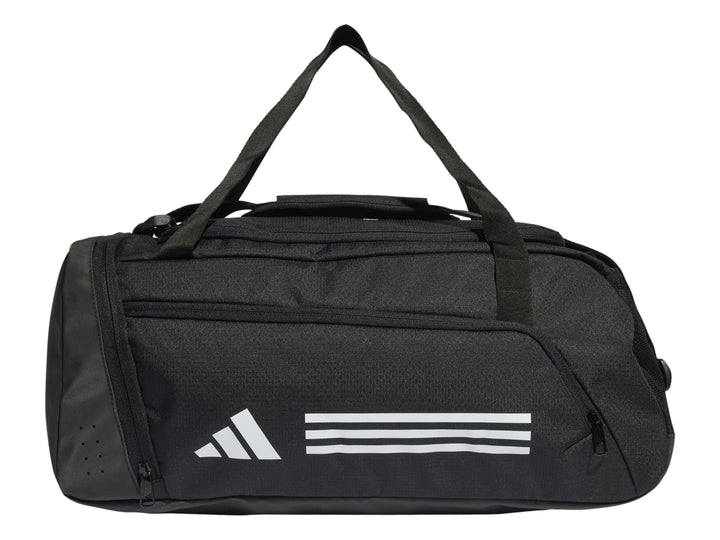 Maleta deportiva Adidas Duffle S en color negro con logotipo y rayas blancas en el frente.
