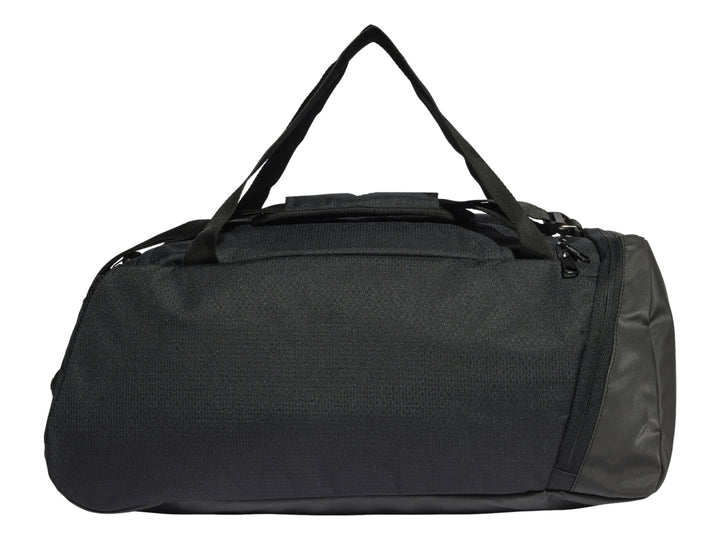 Maleta deportiva Adidas Duffle S en color negro con logotipo y rayas blancas en el frente.