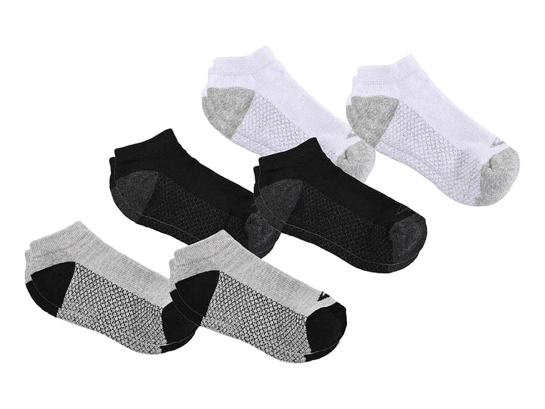 Paquete de 6 pares de calcetines infantiles deportivos en colores negro, blanco y gris.