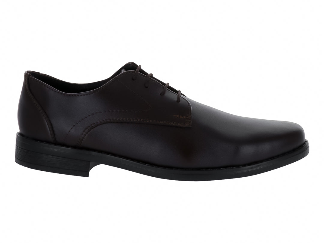 Zapato formal para hombre de color café oscuro con cordones y suela negra.