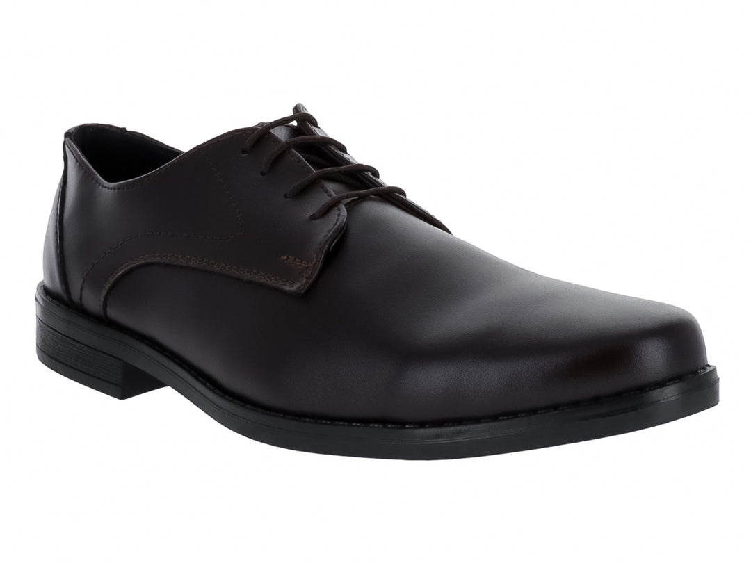 Zapato formal para hombre de color café oscuro con cordones y suela negra.
