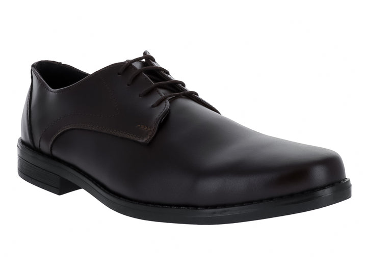 Zapato formal para hombre de color café oscuro con cordones y suela negra.