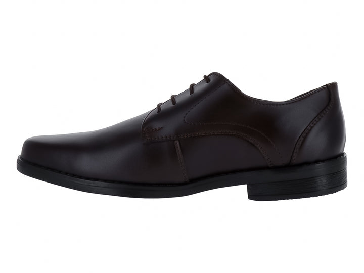 Zapato formal para hombre de color café oscuro con cordones y suela negra.