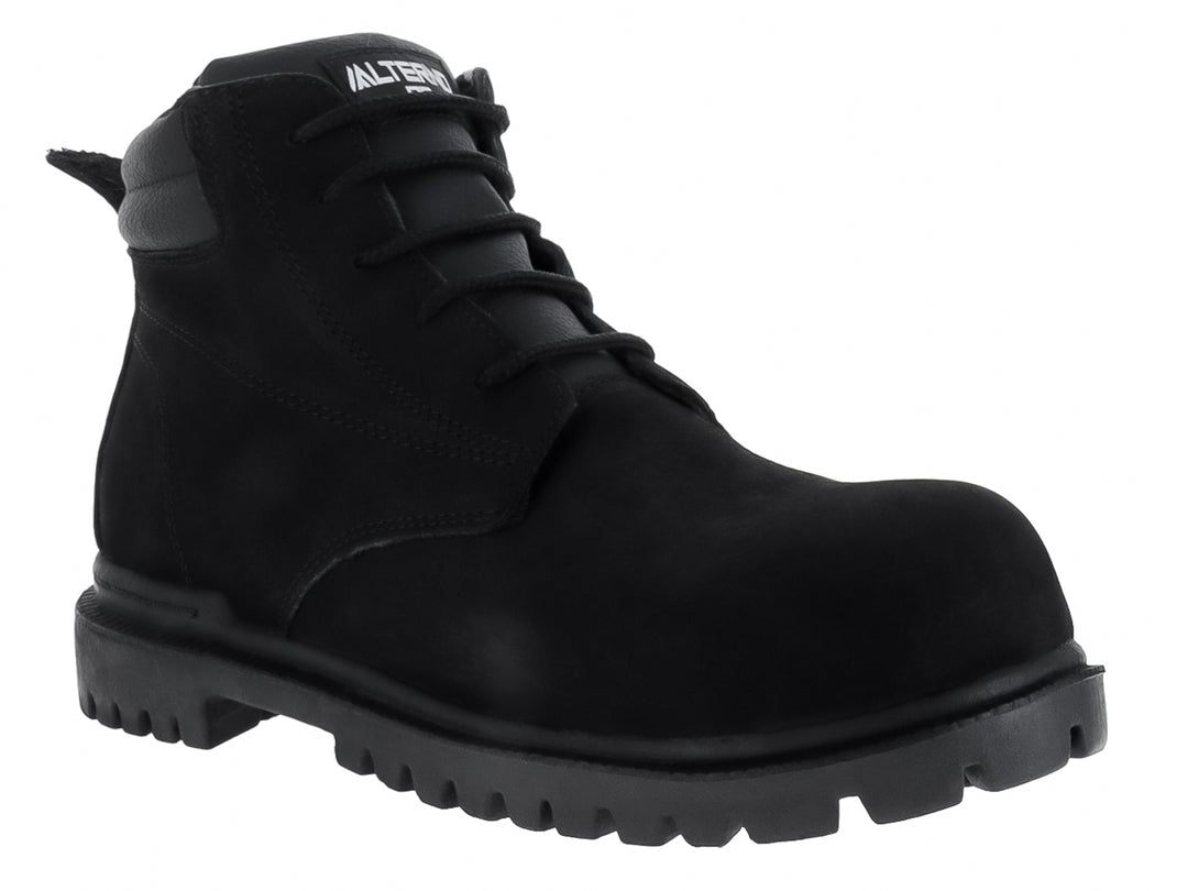 Botín de piel nubuck color negro con suela track y cordones.