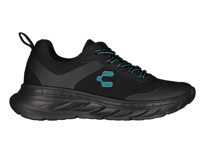 Tenis deportivos Charly color negro con detalles y logo en color turquesa.