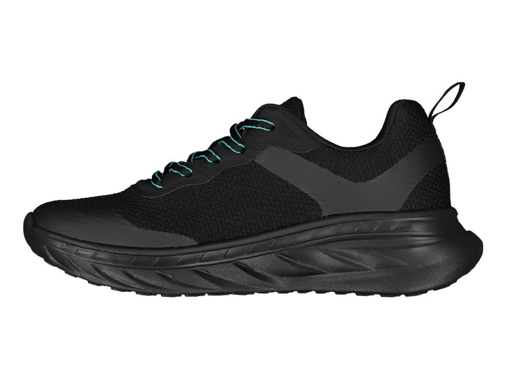 Tenis deportivos Charly color negro con detalles y logo en color turquesa.
