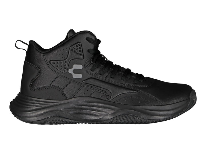 Tenis de baloncesto Charly color negro, diseño de corte alto con suela robusta y acabado mate.
