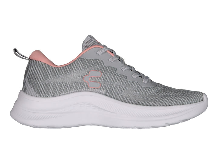 Tenis deportivos Charly color gris con suela blanca y detalles en rosa.