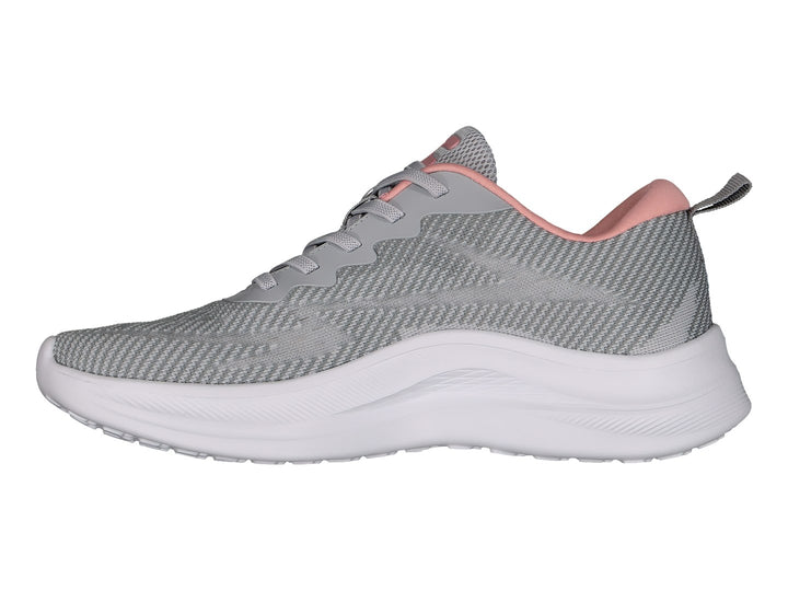 Tenis deportivos Charly color gris con suela blanca y detalles en rosa.