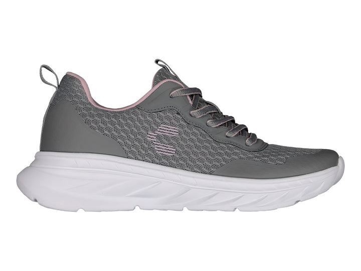 Tenis deportivos Charly color gris con suela blanca y detalles en rosa.