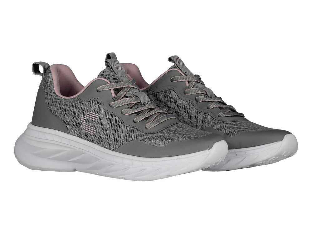 Tenis deportivos Charly color gris con suela blanca y detalles en rosa.