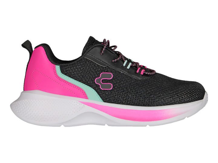 Tenis deportivos Charly color negro con detalles en rosa y verde menta y suela blanca.