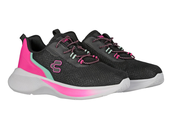 Tenis deportivos Charly color negro con detalles en rosa y verde menta y suela blanca.