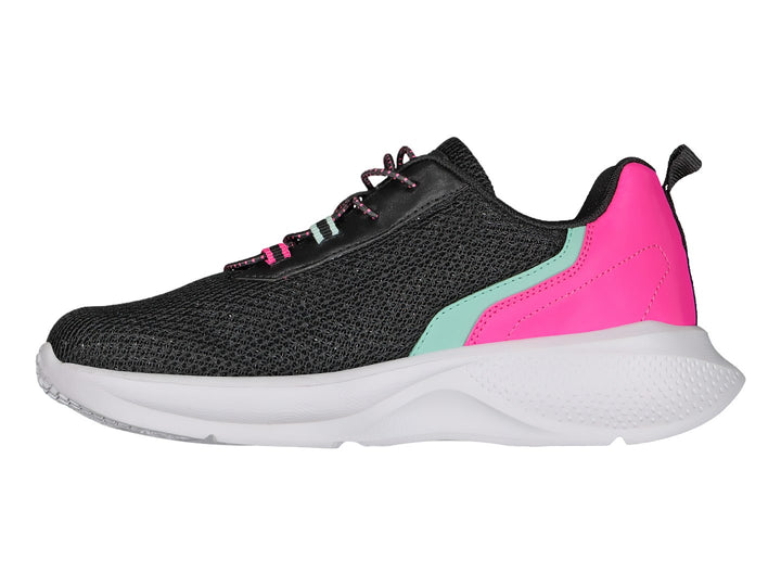 Tenis deportivos Charly color negro con detalles en rosa y verde menta y suela blanca.