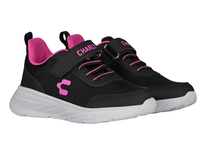 Tenis deportivos Charly color negro con suela blanca y detalles en rosa para Niña.