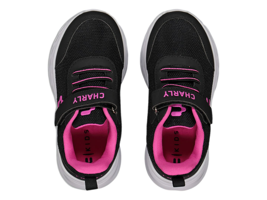 Tenis deportivos Charly color negro con suela blanca y detalles en rosa para Niña.