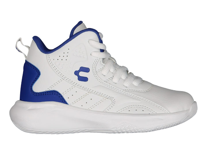 Tenis de baloncesto Charly color blanco con detalles en azul rey y corte alto.