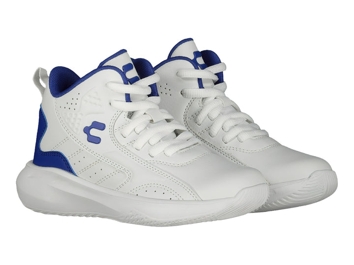 Tenis de baloncesto Charly color blanco con detalles en azul rey y corte alto.