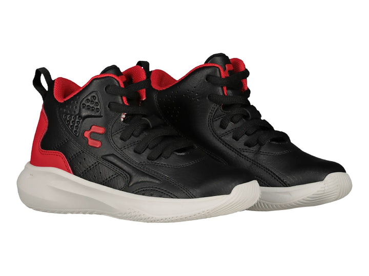 Tenis de baloncesto Charly en color negro con detalles rojos y suela blanca.