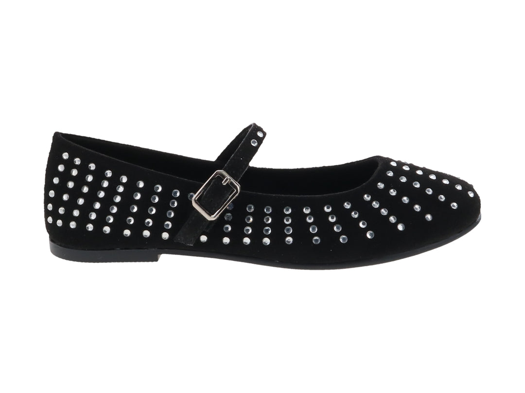Zapato plano negro para niña con detalles de pedrería plateada y correa con hebilla.