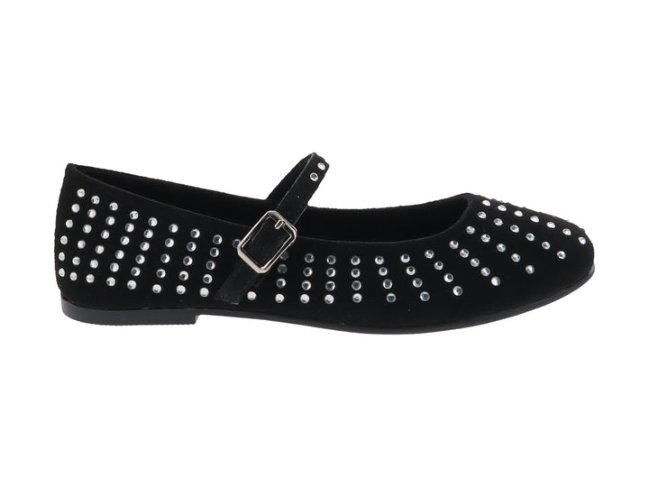 Zapato plano negro para niña con detalles de pedrería plateada y correa con hebilla.