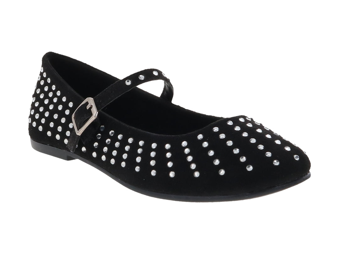 Zapato plano negro para niña con detalles de pedrería plateada y correa con hebilla.