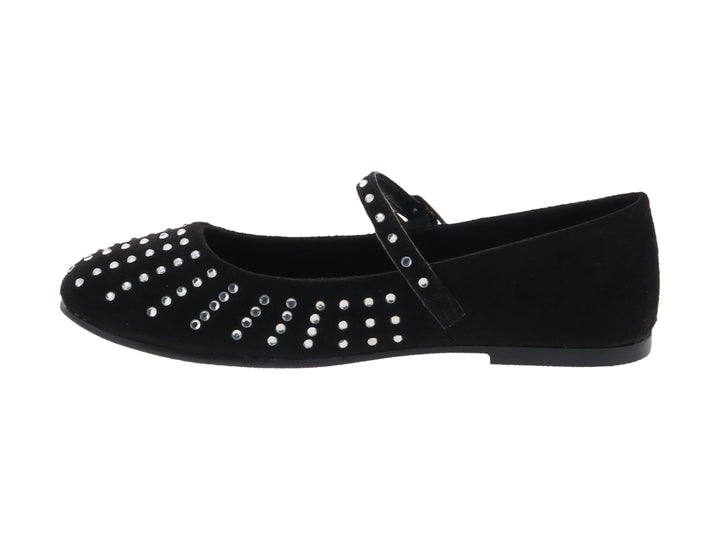 Zapato plano negro para niña con detalles de pedrería plateada y correa con hebilla.