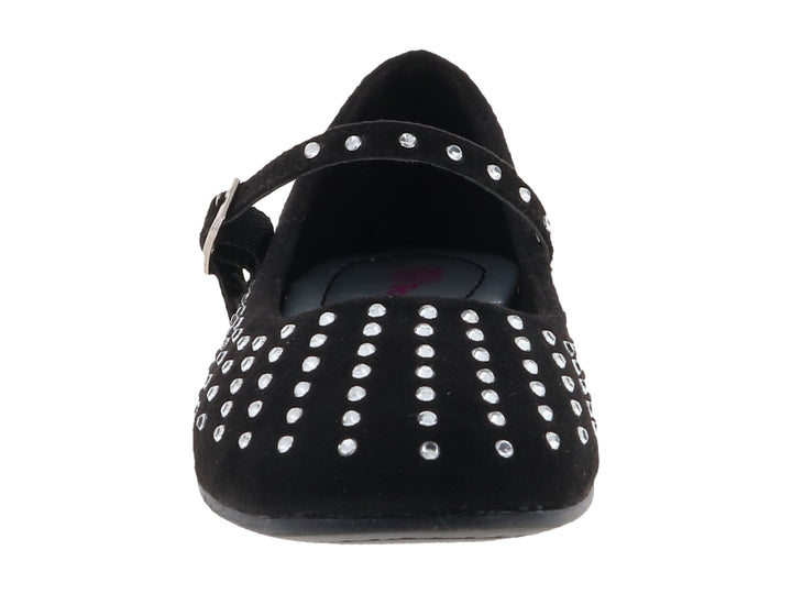 Zapato plano negro para niña con detalles de pedrería plateada y correa con hebilla.