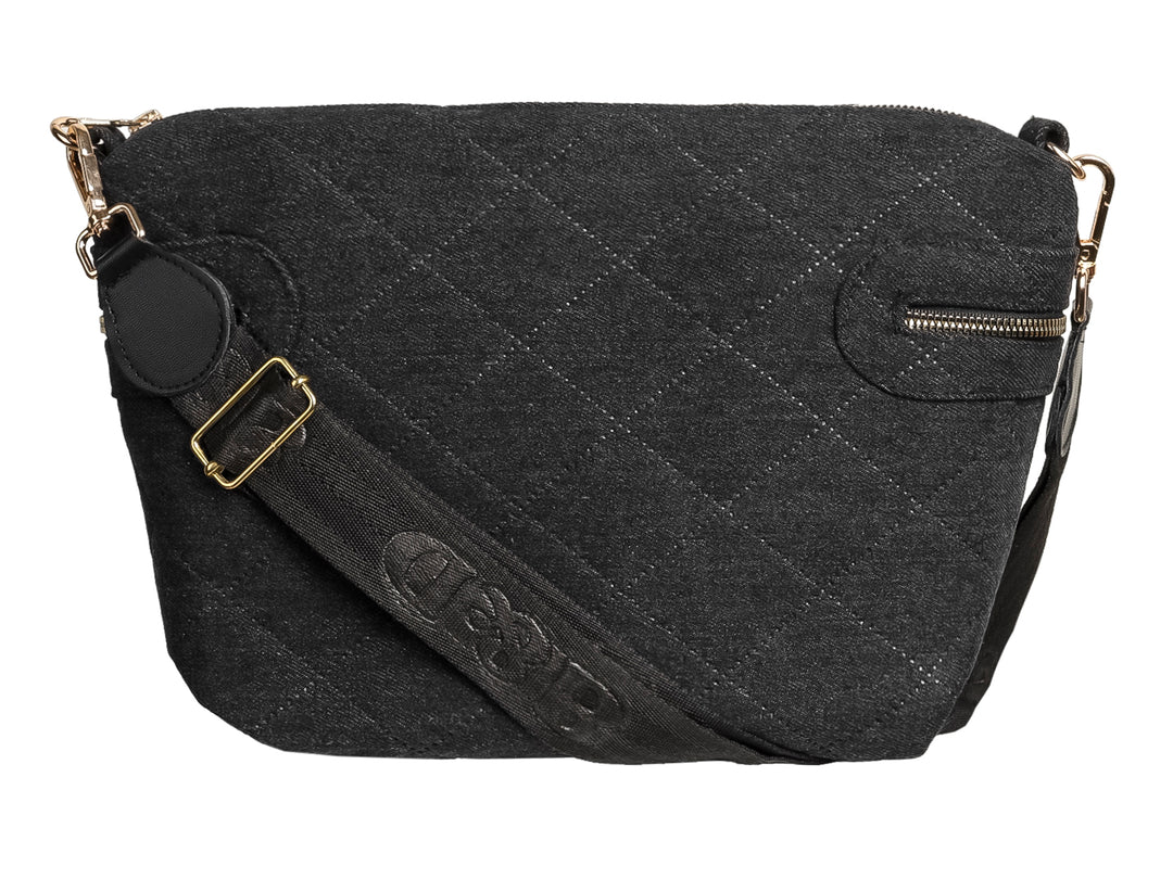 Bolso de hombro Ferretina color negro con textura acolchada en forma de rombos y cierres dorados.