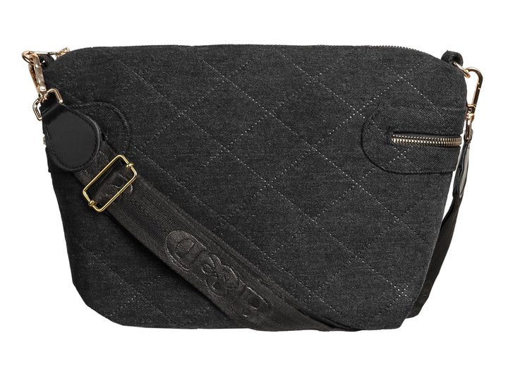 Bolso de hombro Ferretina color negro con textura acolchada en forma de rombos y cierres dorados.