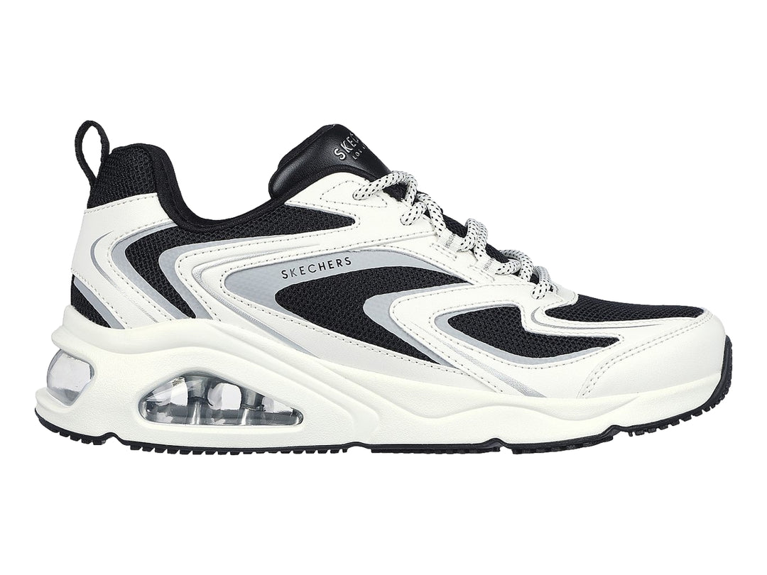 Tenis deportivos Skechers Tres-Air One en color blanco con detalles en negro y gris, con cámara de aire visible en la suela.
