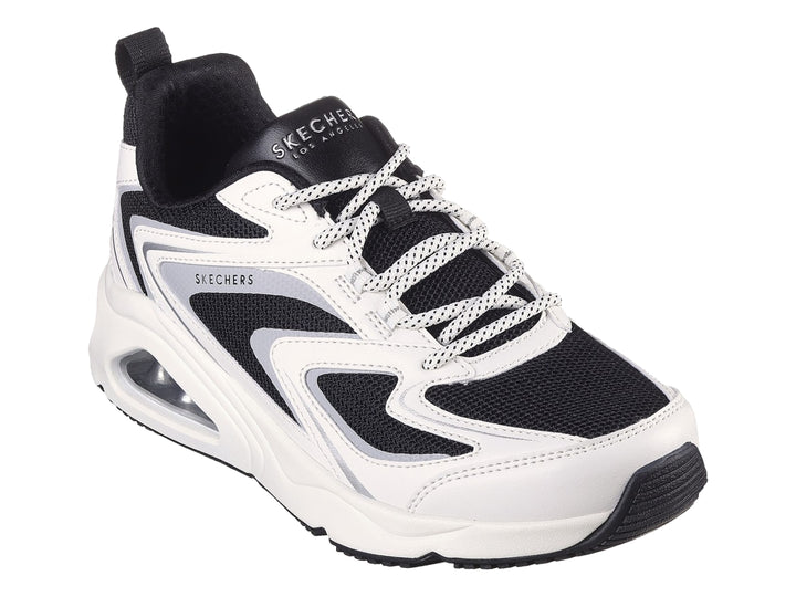 Tenis deportivos Skechers Tres-Air One en color blanco con detalles en negro y gris, con cámara de aire visible en la suela.