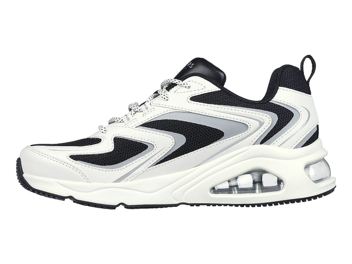 Tenis deportivos Skechers Tres-Air One en color blanco con detalles en negro y gris, con cámara de aire visible en la suela.